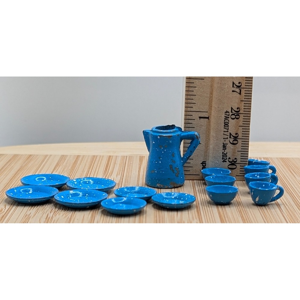 Vintage Dollhouse Enamel Dish Set Blue Speckled Miniature Cups Plates Pitcher